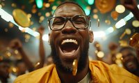 Young African American man with beard and glasses laughing joyfully at night celebration, wearing yellow jacket. Genuine happiness and excitement captured in bokeh lights.