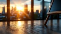 Dramatic sunset light streaming through window onto wooden floor with blurred city skyline silhouette in background, creating warm atmospheric glow and long shadows.