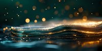Abstract glowing waves with golden bokeh lights on dark background create magical atmosphere, suitable for luxury design projects and festive backgrounds.