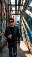 Young Caucasian man in leather jacket and sunglasses walking through urban alley with colorful graffiti walls, holding coffee cup in trendy street style outfit.