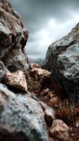 Dramatic rocky mountain pass with weathered stone formations and sparse vegetation against moody overcast sky for adventure backgrounds.