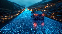 Futuristic car driving on glowing digital highway network with light trails at night, city lights in mountain valley background, cyberpunk transportation concept.
