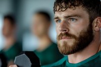 Athletic bearded Caucasian man in green sportswear lifting dumbbell during workout at gym, focused determined expression, with blurred people in background.