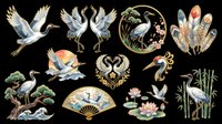 Elegant crane birds and Asian design elements isolated on transparent background, ready for t-shirt designs, clipart, stickers, sublimation, print-on-demand products and digital crafts.