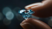 Sparkling blue diamond held between fingers against dark background with bokeh lights, showcasing luxury jewelry and precious gemstone detail.