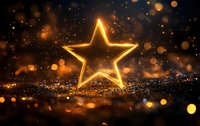 Glowing golden star shape with magical sparkles and bokeh lights on dark background, creating festive holiday atmosphere. Perfect for seasonal decorations.