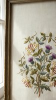 Framed vintage embroidery featuring delicate floral motifs with colorful threads on cream linen fabric, showcasing traditional needlework craftsmanship.