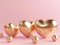 Metallic rose gold hearts and spheres on pink background with soft focus effect, romantic luxury composition for Valentine's Day and wedding designs.