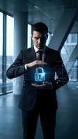 Professional businessman in dark suit protecting glowing digital security lock with hands in modern office environment for cybersecurity and data protection concepts.