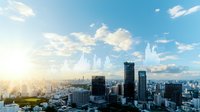 Modern cityscape with digital data visualization bars floating above skyscrapers at sunset, showing urban technology integration and smart city concept.