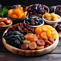Assorted colorful dried fruits in wooden bowls and plate on dark rustic table, including apricots, dates, prunes, and raisins arranged for healthy snacking.