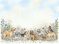 Watercolor group of dogs sitting among wildflowers with soft sky background, copy space for text, greeting card or poster design.
