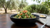 Vibrant tabbouleh salad with fresh parsley, tomatoes, and bulgur wheat served in black bowl outdoors for Mediterranean cuisine dining.