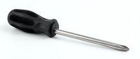 Professional Phillips head screwdriver with ergonomic black textured grip handle and chrome steel shaft for construction and repair work.