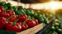 Fresh ripe red tomatoes on wooden crate at farmers market with soft natural sunlight, shallow depth of field creating organic food atmosphere.