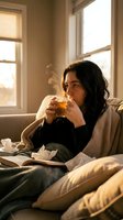 Woman with long dark hair and South Asian ethnicity sitting on bed by window, drinking hot tea or coffee from mug while wrapped in beige cardigan. Warm natural light streams through glass panes. Tissues nearby suggest cold or flu recovery. Cozy home wellness scene.