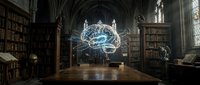 Gothic library interior with glowing neon brain hologram floating above wooden desk, surrounded by ancient books and arches, representing knowledge and artificial intelligence.
