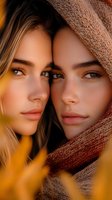 Two young women sharing intimate moment wrapped in cozy knit blanket during golden hour light creating warm atmosphere for friendship and bonding concepts.