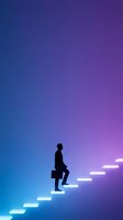 Silhouette of male professional climbing illuminated staircase against blue to purple gradient background, representing career growth, success, and business advancement for corporate and motivational designs.