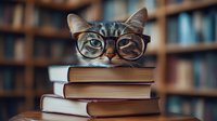 Curious tabby cat wearing glasses rests chin on stack of books in library setting, creating whimsical academic atmosphere with blurred bookshelf background.