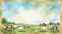 Watercolor pastoral landscape with grazing livestock including horses, sheep, and goats on rolling green hills with farmhouse and trees under cloudy sky. Suitable for rustic home decor and agricultural themes.