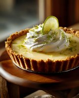 Homemade key lime pie with graham cracker crust topped with whipped cream and fresh lime slice, served on wooden plate in warm lighting.