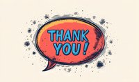 Comic style speech bubble with retro grunge texture displaying thank you message in blue letters against coral background, surrounded by ink splatter effect.
