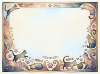 Decorative cat-themed frame with paw prints, fish bones, and hearts in soft watercolor tones, featuring playful felines along ornate golden borders.