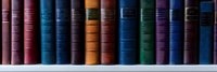 Row of vintage hardcover books with colorful spines in blue, red, brown, and green shades standing on wooden shelf against white wall, creating classic library atmosphere.