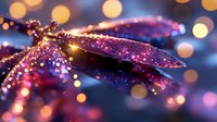Magical glowing butterfly wings covered in pink and purple sparkles against blurred bokeh lights background, creating dreamy fairy tale atmosphere.