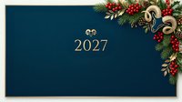 2027 new year greeting card with festive gold swirls, red berries, and evergreen branches on deep teal background. Elegant holiday design for seasonal celebrations and invitations.