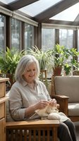 Senior woman with gray hair knitting in bright sunroom surrounded by potted plants and natural light, relaxing hobby for retirement and wellness.