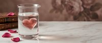 Heart-shaped ice cube melting in clear glass with rose petals on marble surface. Romantic Valentine's Day concept for love celebration and drinks.