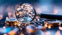 Magnifying glass examining stack of coins on reflective surface with blurred bokeh lights background, financial analysis and investment concept.