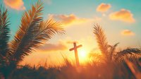 Wooden cross silhouette against golden sunset sky with palm trees framing tropical paradise scene for spiritual meditation and religious worship concepts.