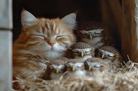 Ginger cat sleeping peacefully next to family of owls in nest with hay, unusual animal friendship and coexistence showing nature's harmony and adaptation.