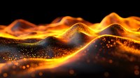 Abstract digital wave landscape with glowing orange particles and light effects flowing over dark background creating dynamic futuristic terrain pattern.