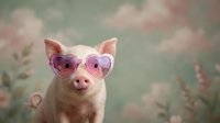 Adorable pink pig wearing heart-shaped sunglasses with dreamy pastel background for cute animal designs and greeting cards.