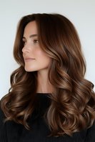 Profile view of woman with glossy brunette hair styled in voluminous waves against white background, showcasing modern salon hairstyle for beauty advertising.