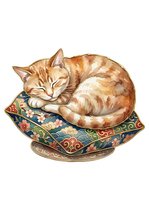 Ginger tabby cat sleeping peacefully on ornate decorative pillows with floral patterns. Isolated clipart suitable for t-shirts, stickers, and design projects.