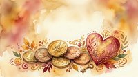 Watercolor autumn composition with golden coins and decorative heart surrounded by fall leaves and ornamental swirls on warm textured background.