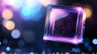 Glowing purple cube with magical sparkles floating in dark space against blurred bokeh lights background, mystical cosmic portal concept.