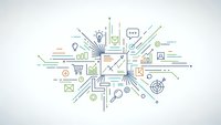 Digital marketing strategy concept with interconnected business icons and data analytics elements on clean white background for presentations.