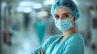 Female surgeon in turquoise scrubs and surgical mask standing confidently in modern hospital corridor. Professional healthcare worker ready for medical procedure.