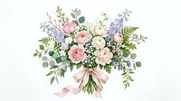 Watercolor wedding bouquet with pink and white roses, eucalyptus, lavender and ribbon on white background isolated for romantic design projects.