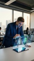 Caucasian male professional in navy blazer interacting with holographic security interface displaying encryption and data protection symbols in modern office with city skyline view.