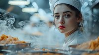 Young female chef in white uniform and hat looking intensely while cooking in professional kitchen with rising steam and bokeh lights creating dramatic atmosphere.
