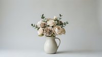 Elegant neutral rose bouquet in ceramic pitcher vase with eucalyptus leaves on clean white background for home decor and wedding design projects.