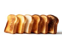 Slices of white bread arranged in gradient showing different levels of toasting from untoasted to dark brown, isolated on white background for food packaging design.