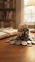 Elderly couple figurines sitting on coins with open book and glasses on wooden desk in warm home library setting for retirement planning concepts.